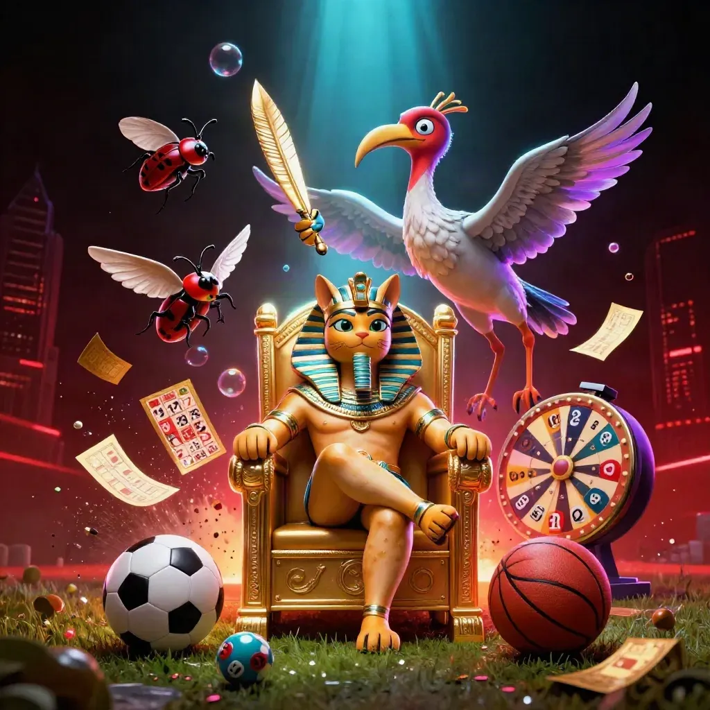 Pharaoh cat, ibis scribe, and gem scarabs amid sports-casino burst effects