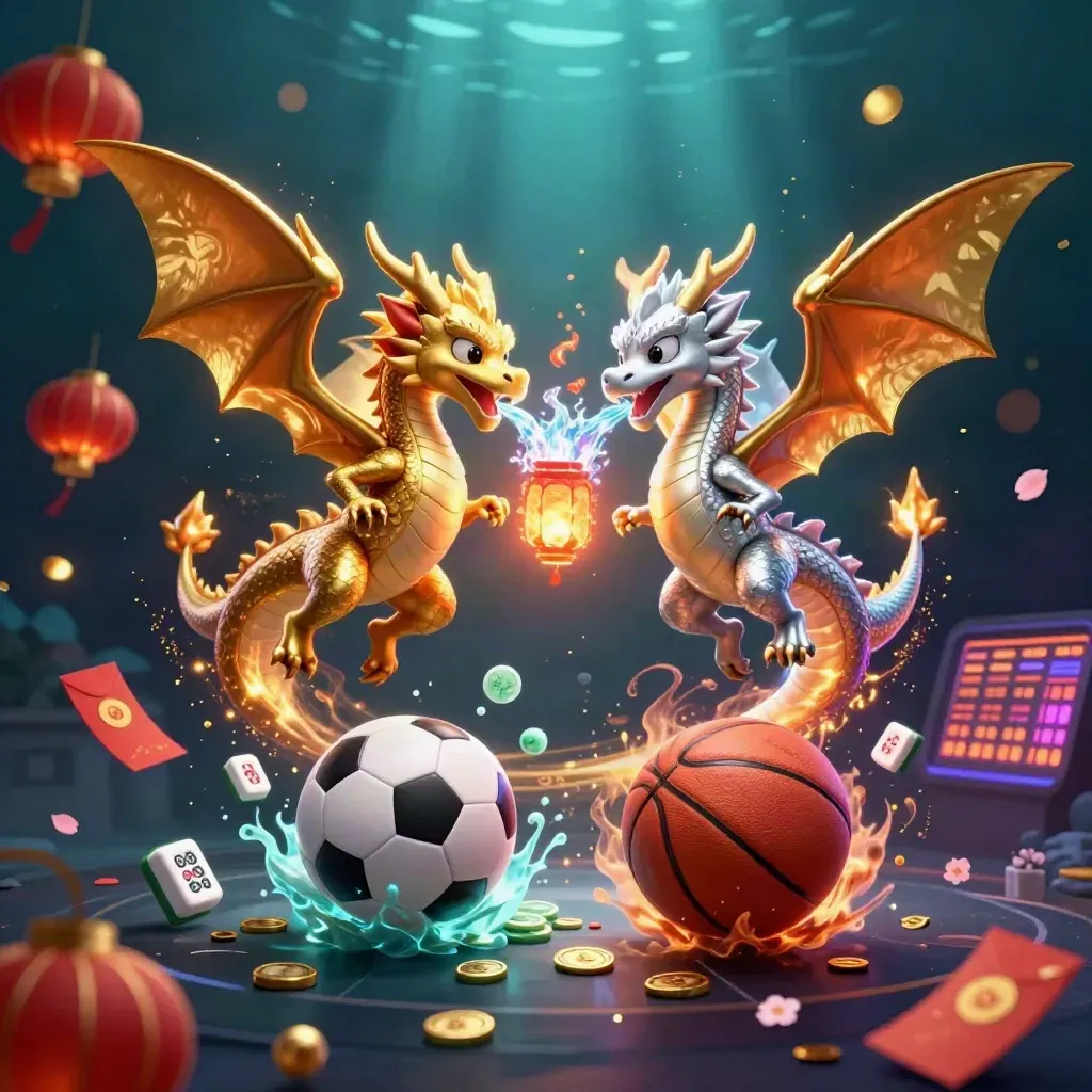 Gold and silver dragons twist in fire and ice, with sports balls, lanterns, and neon casino glow.