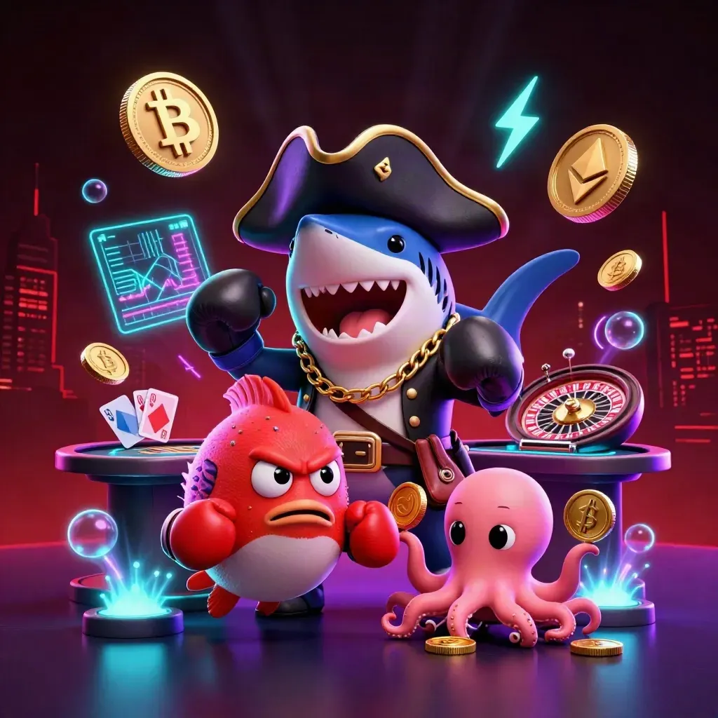 Shark pirate, boxing pufferfish, and coin-juggling octopus in a neon casino scene