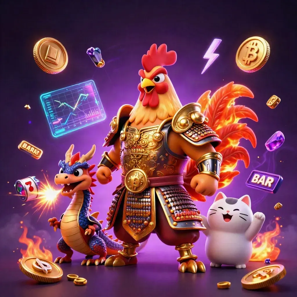 Rooster warrior, dragon hatchling, and fortune cat amid neon casino bursts, coins, and starry purple smoke.