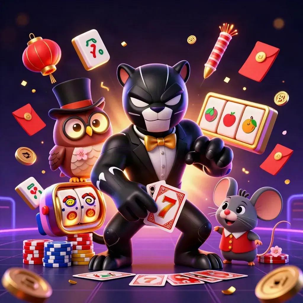 Panther, owl, and mouse in tuxedo casino chaos with glowing chips and neon dark luxe lighting