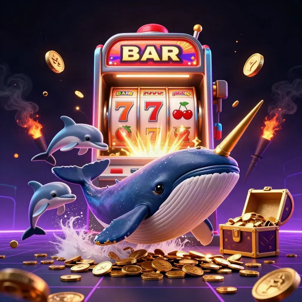Whale captain, narwhal, and dolphins burst through coins with slot machine jackpot chaos.